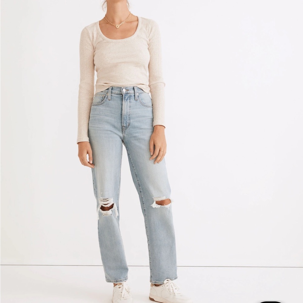 MADEWELL PERFECT VINTAGE STRAIGHT JEAN IN DANBY WASH KNEE RIP EDITION SIZE 30